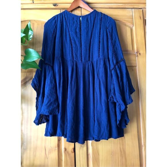Free People Women Romeo Navy Blue Ladder Trim Boho Mini Dress SP - Picture 9 of 14
